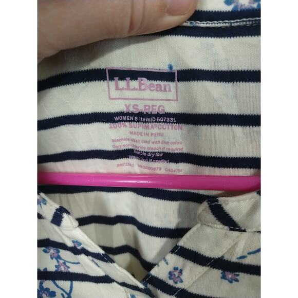 LL Bean Top Shirt Women XS Blue Cream Supima Cotton Striped Floral Casual Pullov - Picture 3 of 7